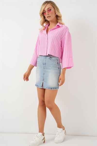 Çizgili Oversize Kısa Gömlek 20326 - Pembe