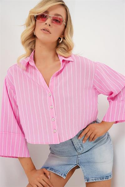 Çizgili Oversize Kısa Gömlek 20326 - Pembe