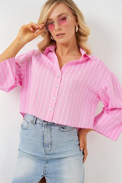Çizgili Oversize Kısa Gömlek 20326 - Pembe
