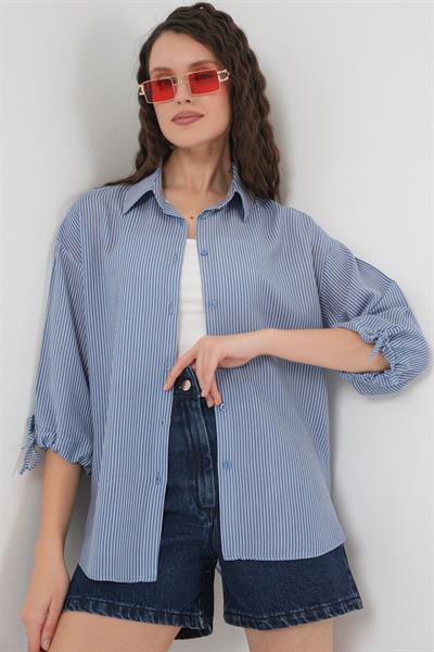 Çizgili Oversize Kısa Kol Gömlek 20296 - İndigo