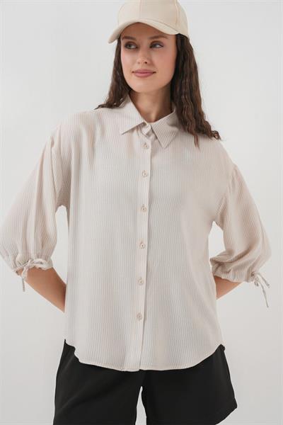 Çizgili Oversize Kısa Kol Gömlek 20296 - Krem