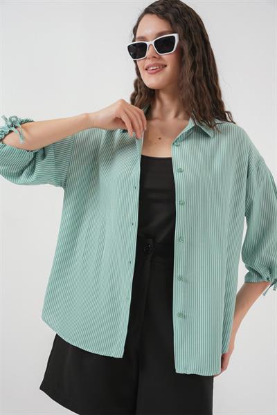 Çizgili Oversize Kısa Kol Gömlek 20296 - Mint