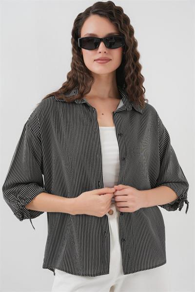 Çizgili Oversize Kısa Kol Gömlek 20296 - Siyah