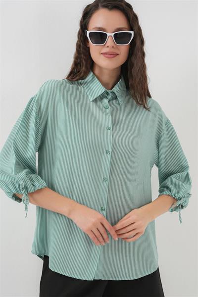 Çizgili Oversize Kısa Kol Gömlek 20296 - Mint