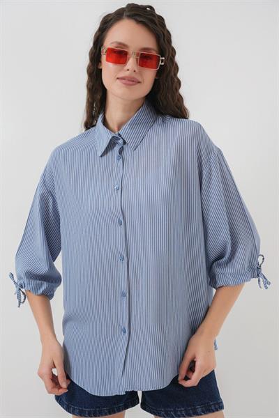 Çizgili Oversize Kısa Kol Gömlek 20296 - İndigo