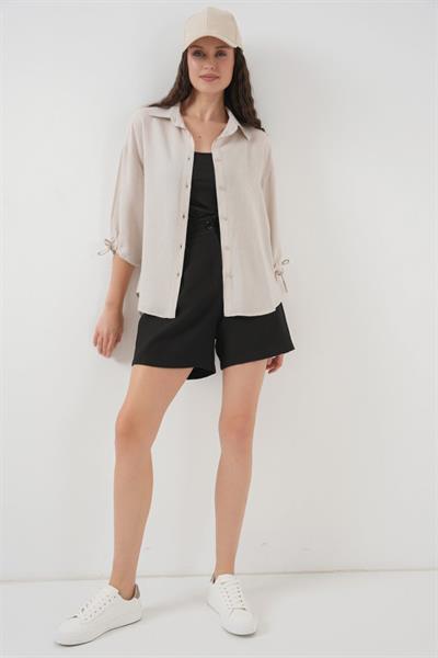 Çizgili Oversize Kısa Kol Gömlek 20296 - Krem