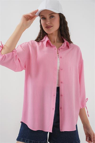 Çizgili Oversize Kısa Kol Gömlek 20296 - Pembe
