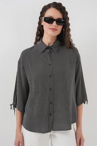 Çizgili Oversize Kısa Kol Gömlek 20296 - Siyah