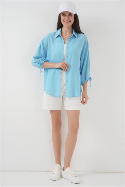 Çizgili Oversize Kısa Kol Gömlek 20296 - Mavi