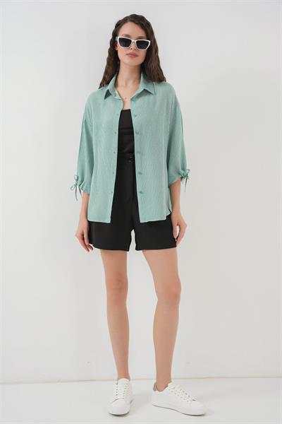 Çizgili Oversize Kısa Kol Gömlek 20296 - Mint