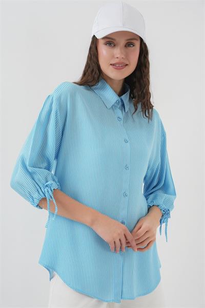 Çizgili Oversize Kısa Kol Gömlek 20296 - Mavi