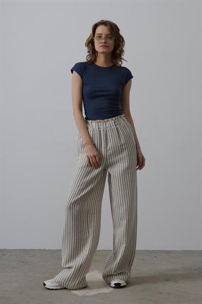 Çizgili Pamuklu Lastikli Pantolon - Bej-Lacivert