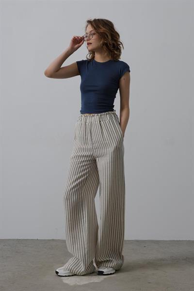 Çizgili Pamuklu Lastikli Pantolon - Bej-Lacivert