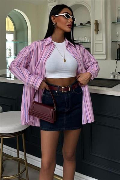 Çizgili Pembe Poplin Gömlek 3451