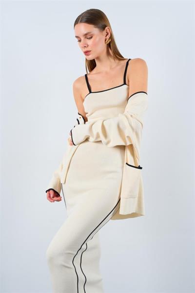 Çizgili Süzeneli 3 Lü Takım - Krem-Siyah