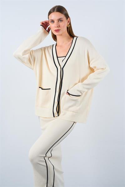 Çizgili Süzeneli 3 Lü Takım - Krem-Siyah