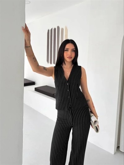 Çizgili Tansel Kumaş Yelek Pantolon İkili Takım Ofis Şık Modern - Siyah