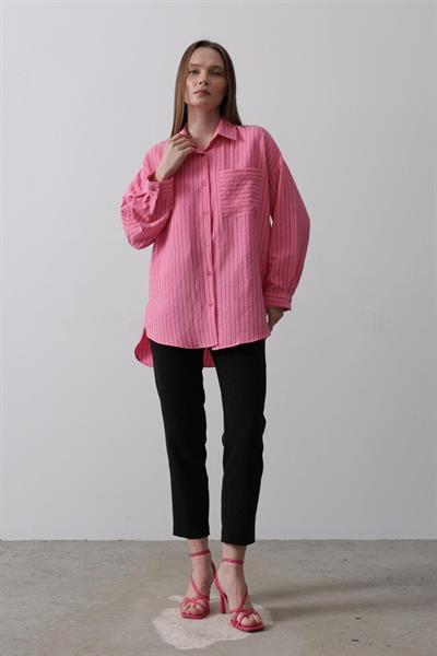 Çizgili Tek Cep Gömlek - Pembe