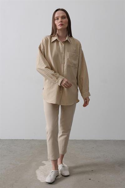 Çizgili Tek Cep Gömlek - Taş