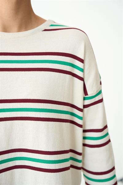 Çizgili Triko Kazak - Ekru-Bordo
