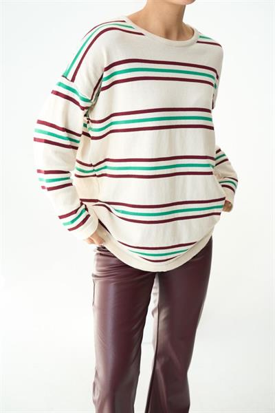 Çizgili Triko Kazak - Ekru-Bordo