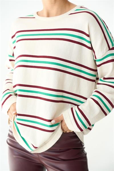 Çizgili Triko Kazak - Ekru-Bordo