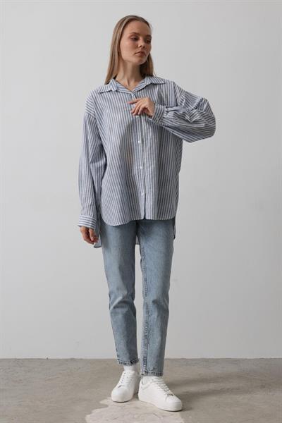Çizgili Tunik Gömlek - Mavi Desen 4