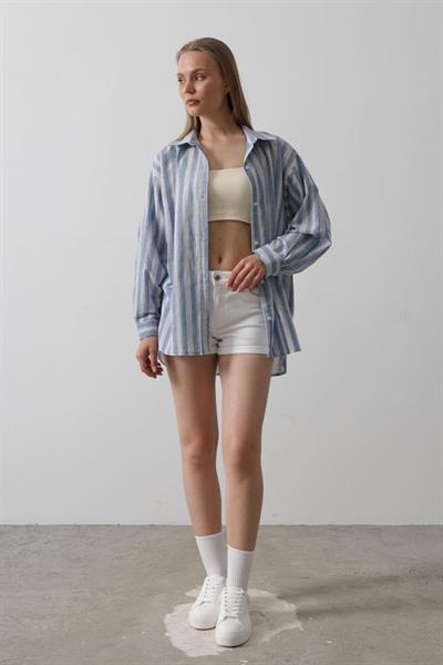 Çizgili Tunik Gömlek - Mavi Desen 5