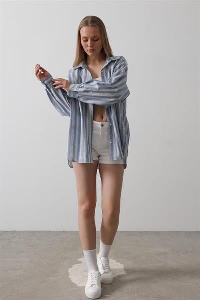 Çizgili Tunik Gömlek - Mavi Desen 5