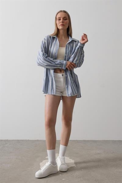 Çizgili Tunik Gömlek - Mavi Desen 5