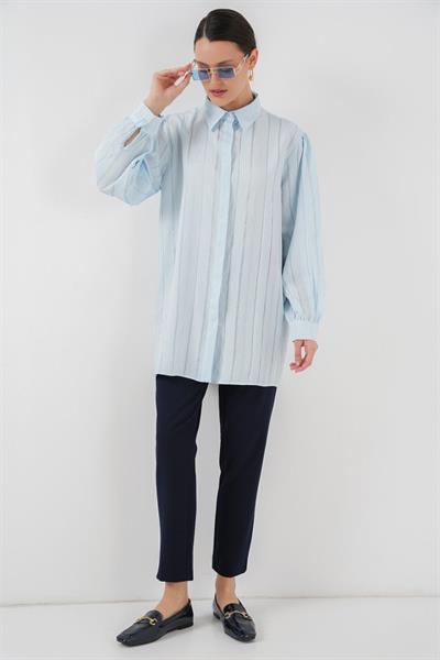 Çizgili Uzun Gömlek Tunik 5947 - Mavi