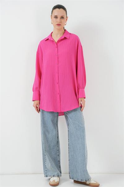 Çizgili Uzun Gömlek Tunik 5963 - Fuşya