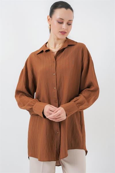 Çizgili Uzun Gömlek Tunik 5963 - Kahverengi