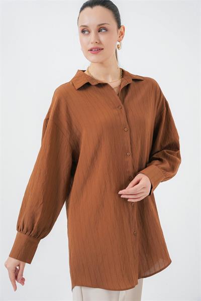 Çizgili Uzun Gömlek Tunik 5963 - Kahverengi