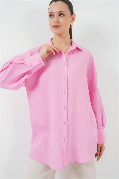 Çizgili Uzun Gömlek Tunik 5963 - Pembe