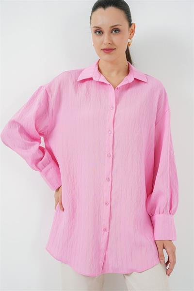 Çizgili Uzun Gömlek Tunik 5963 - Pembe