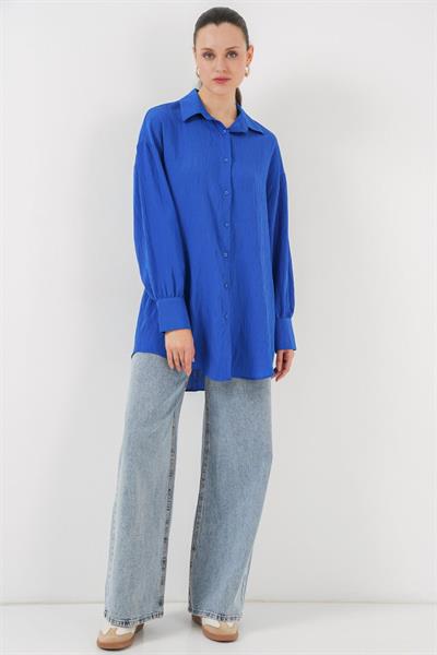 Çizgili Uzun Gömlek Tunik 5963 - Saks