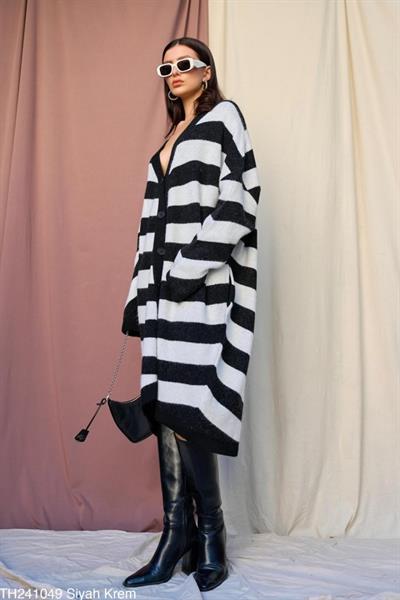 Çizgili Uzun Hırka - Siyah-Krem