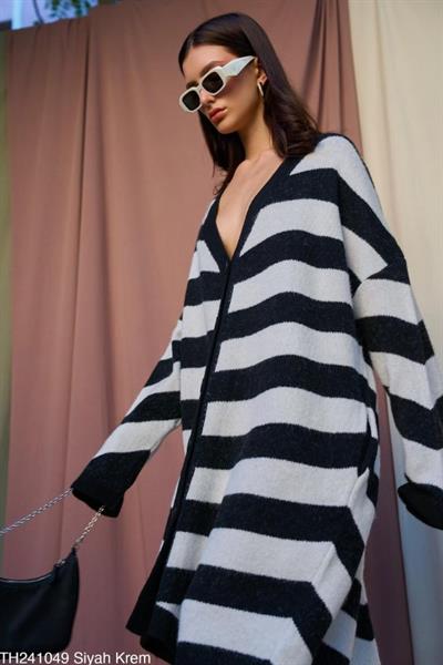 Çizgili Uzun Hırka - Siyah-Krem