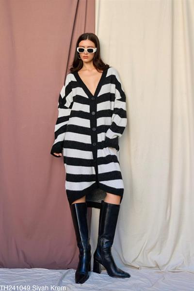 Çizgili Uzun Hırka - Siyah-Krem