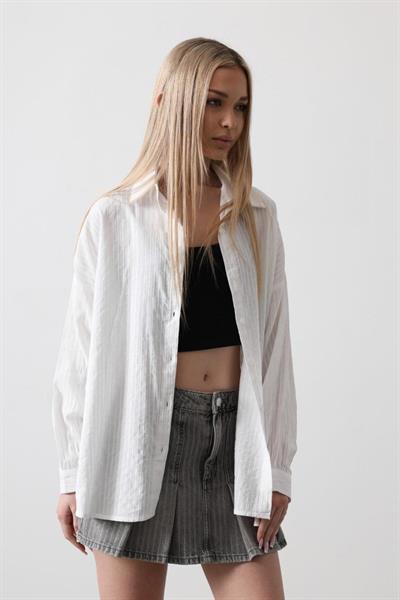 Çizgili Uzun Kol Gömlek - Beyaz
