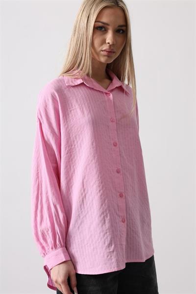 Çizgili Uzun Kol Gömlek - Pembe