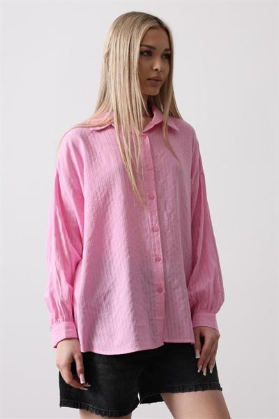 Çizgili Uzun Kol Gömlek - Pembe