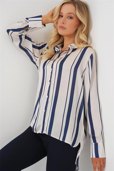 Çizgili Uzun Saten Gömlek 20291 - Lacivert