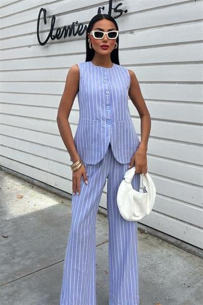 Çizgili Viscon Keten Yelekli Rahat Takım 10121