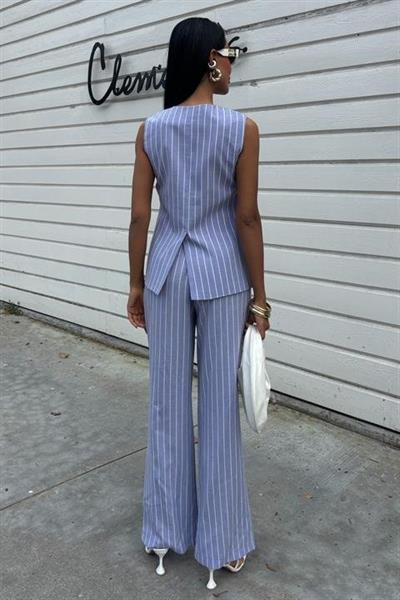 Çizgili Viscon Keten Yelekli Rahat Takım 10121