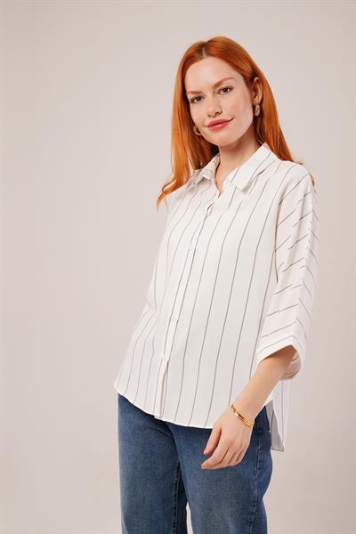 Çizgili Yarasa Kol Gri Gömlek