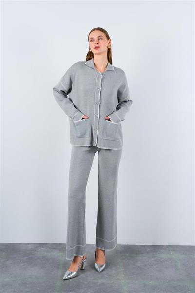 Çoban Dikişli Pantolon Takım - Gri-Ekru