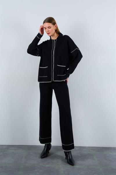 Çoban Dikişli Pantolon Takım - Siyah-Ekru