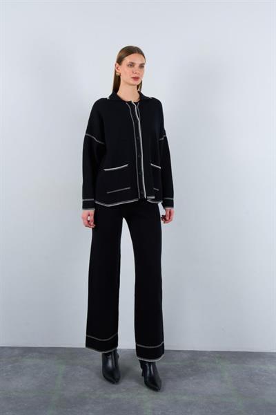 Çoban Dikişli Pantolon Takım - Siyah-Ekru